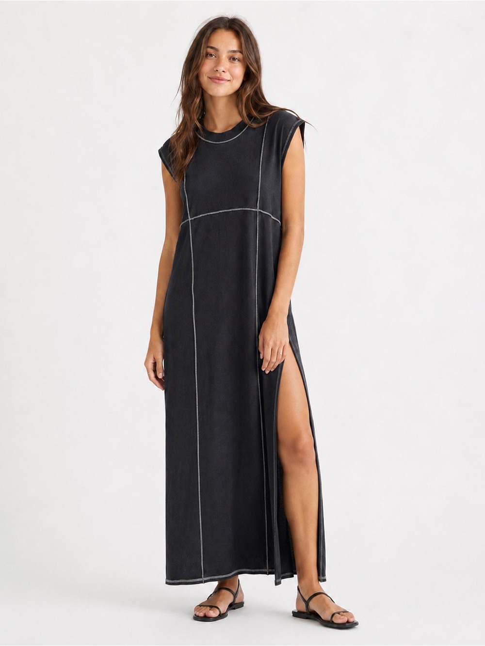 Free People Black Maxi T Shirt Dress Exposed Seam Side Slit XS